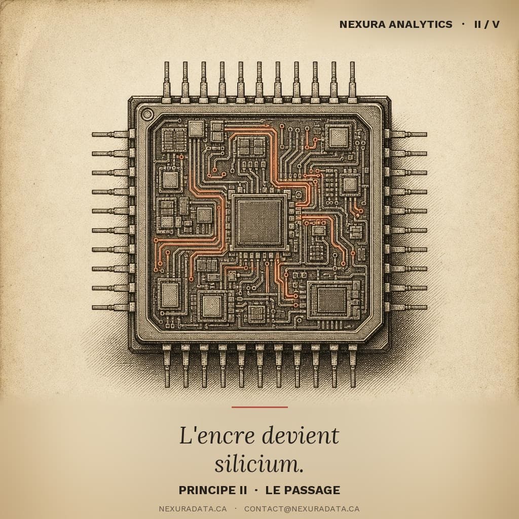 Microprocessor etched in the style of an antique watchmaking plate — Principle II, the passage
