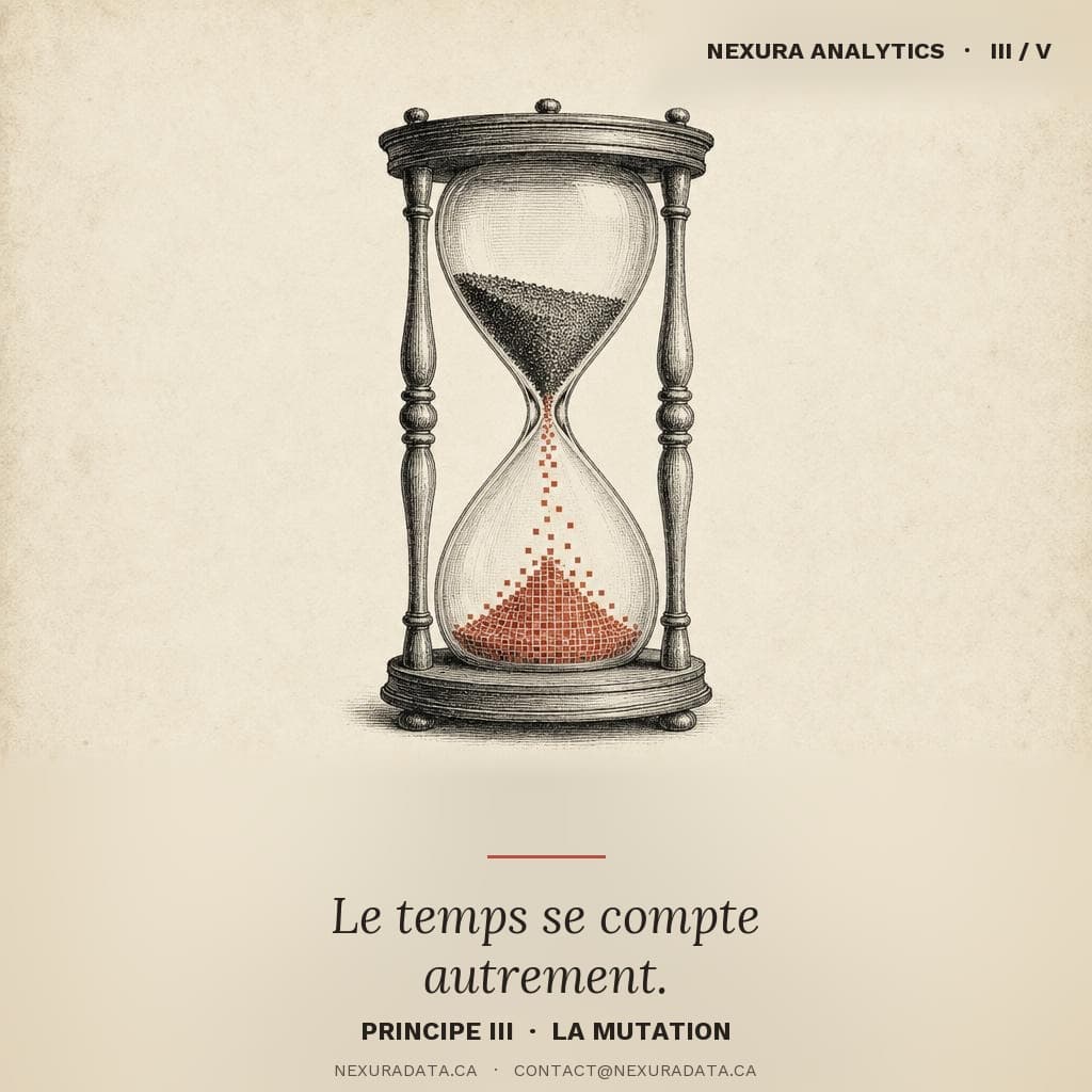 Hourglass with sand transforming into copper pixels — Principle III, the mutation